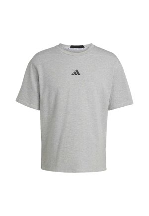 Gray cotton t-shirt with short sleeves. Features a crew neckline and a black Adidas logo on the chest. Simple and unadorned design.