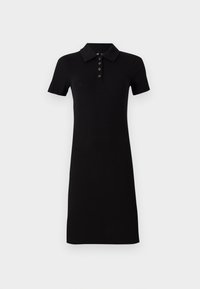 Black ribbed polo dress with short sleeves, a collar, and a button placket. Straight cut, mid-length design, smooth texture.