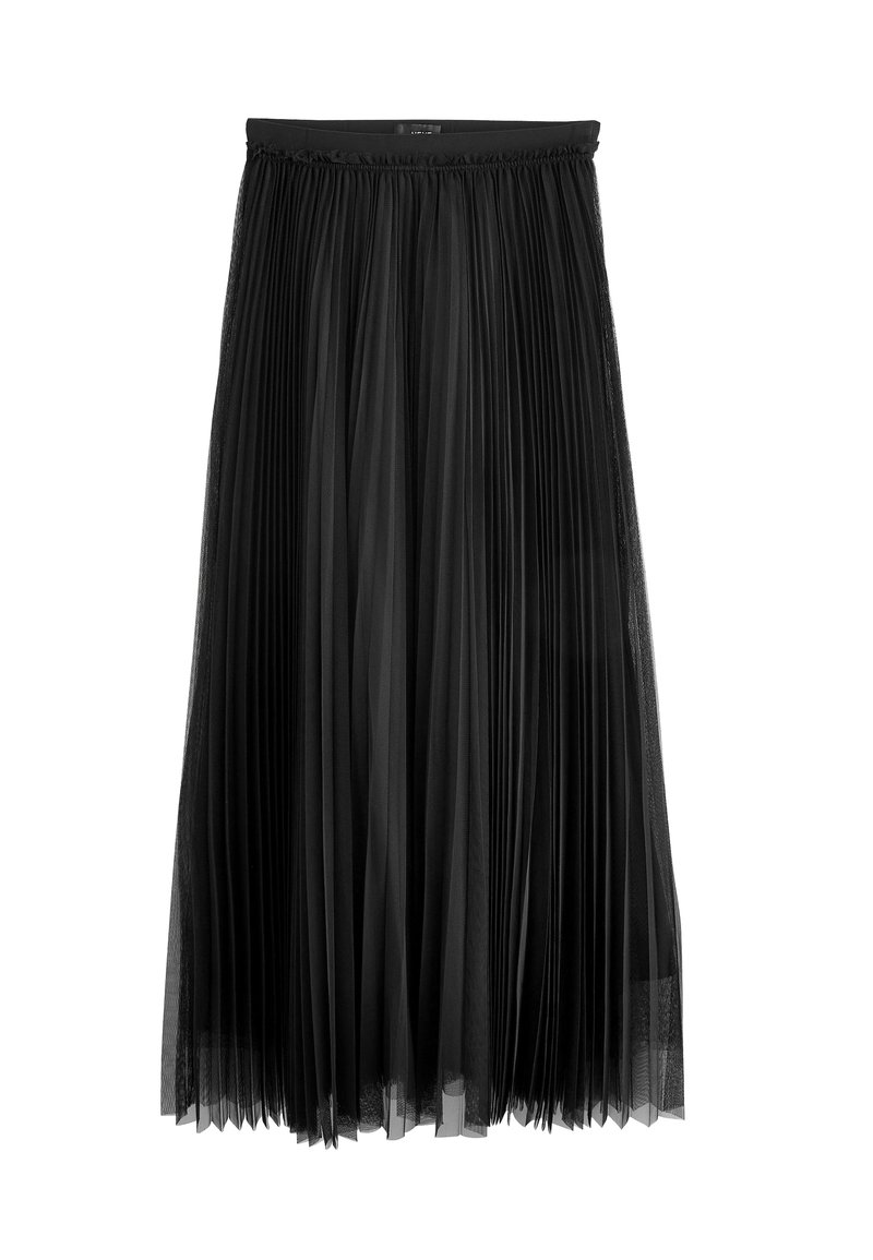 Falda plisada negra hecha de un tejido ligero y transparente, con una cinturilla fruncida, que presenta pliegues verticales y un diseño fluido.