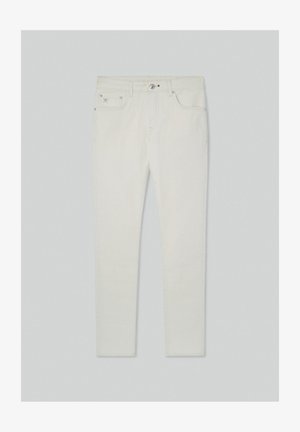 Fehér farmernadrág slim fit szabással, öt zsebbel, fém gombos záródással és sárga varrási részletekkel. Simára textúrált, minimalista kialakítás.