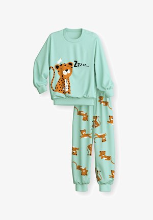Pyjama enfant vert clair avec un léopard endormi et un oiseau imprimés sur le haut, ainsi que plusieurs motifs de léopards ludiques sur le pantalon.