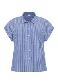 Camicia a maniche corte con bottoni realizzata in tessuto leggero, caratterizzata da righe verticali blu e bianche e una tasca sul petto.