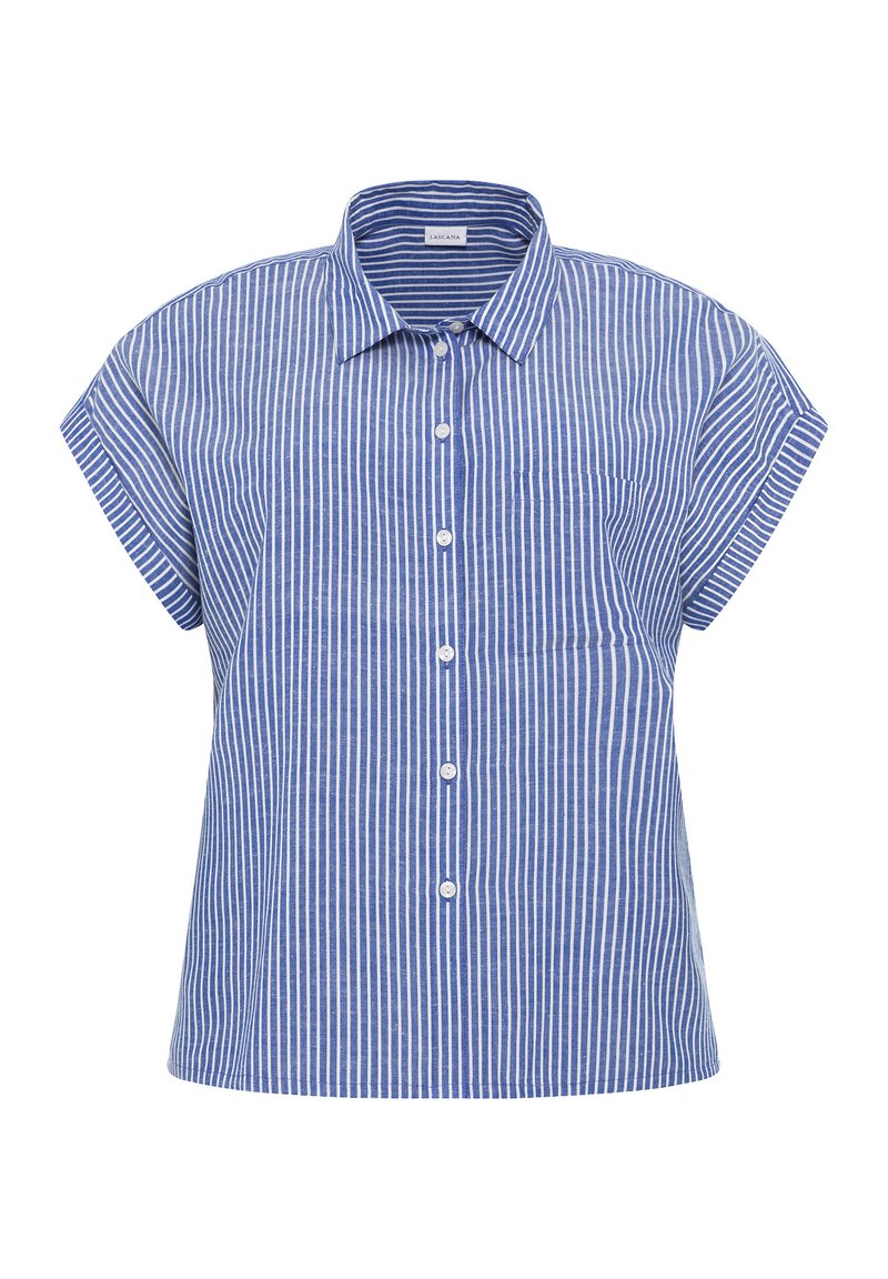 Camicia a maniche corte con bottoni realizzata in tessuto leggero, caratterizzata da righe verticali blu e bianche e una tasca sul petto.