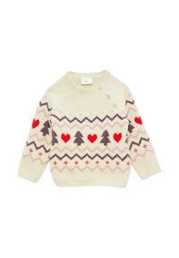 Heller Cremefarbener Pullover mit einem Zickzackmuster in Grau und Rosa, verziert mit roten Herzen und schwarzen Bäumen. Drei Knöpfe an der Schulter für ein einfaches An- und Ausziehen.