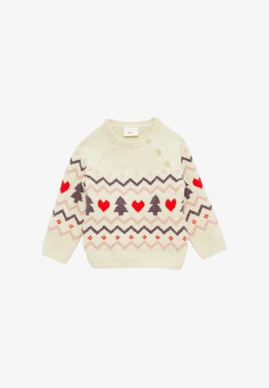 Pull crème clair avec un motif en zigzag gris et rose, orné de cœurs rouges et d'arbres noirs. Trois boutons à l'épaule pour un enfilage facile.