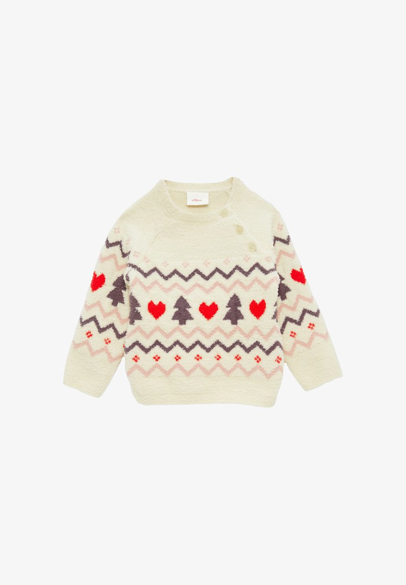Light cream sweater featuring a zigzag pattern in gray and pink, with red hearts and black trees. Three buttons on the shoulder for easy wear.