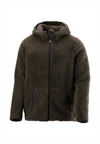 Braune Fleecejacke mit Kapuze, Reißverschluss und schwarzen Akzenten. Verfügt über zwei Fronttaschen und einen weichen, strukturierten Stoff.