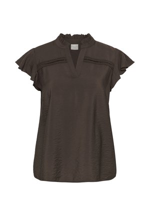 Sötétbarna rövid ujjú blúz fodros gallérral, V-nyakkal és csipkés részletekkel a mellrészen és suhanó ujjakkal.