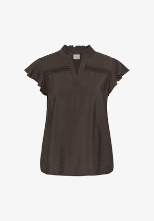 Blusa de manga corta de color marrón oscuro con cuello fruncido, escote en V y detalle de encaje en el pecho y mangas con vuelos.