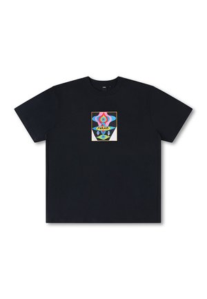 Black cotton t-shirt features a colorful graphic design on the front, with geometric shapes and the word "FORMAT" prominently displayed.