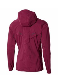 Giacca leggera rosa scuro con cappuccio, maniche lunghe e pannello posteriore ventilato, vista dal retro.