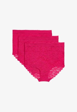 Krajkové kalhotky v jasně růžové barvě, se květinovým vzorem a vlnitými okraji. Sada tří různých velikostí, zdůrazňující jemnou texturu.