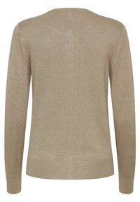 Beige knitted sweater, lightweight fabric, crew neck, long sleeves, ribbed hem and cuffs, smooth texture, simple design, no embellishments.