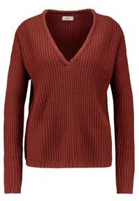 Ruskohvärviline V-kaelusega kudum, millel on pikad varrukad ja tekstuuriga ribakiri, sildiga Jacqueline de Yong.