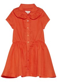 Pomarańczowa lniana sukienka z falbaniastego kołnierza, krótkimi rękawami, zapięciem na guziki z przodu oraz elastycznym stanem. Spódnica rozkloszowuje się na dole.