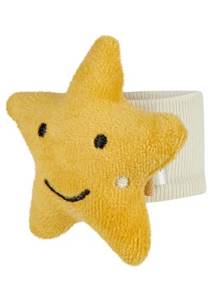 Gelber Plüschstern mit gesticktem Smiley-Gesicht, befestigt an einem beigen, gerippten Stoffband, entworfen als tragbares Accessoire für Kinder.