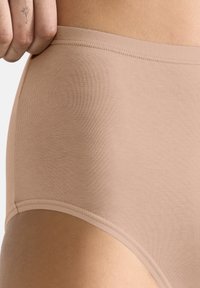 Beige alushousut korkealla vyötäröllä, jossa on sileä ja pehmeä rakenne. Ominaisuuksiin kuuluu ohut vyötärönauha ja pyöristetyt lahkeensuukohdat, jotka tarjoavat täyden peittävyyden.