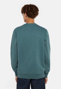 Turkos sweatshirt med ribbad krage och ärmslut, som har en avslappnad passform. Slät textur med en enkel design, vy bakifrån visas.