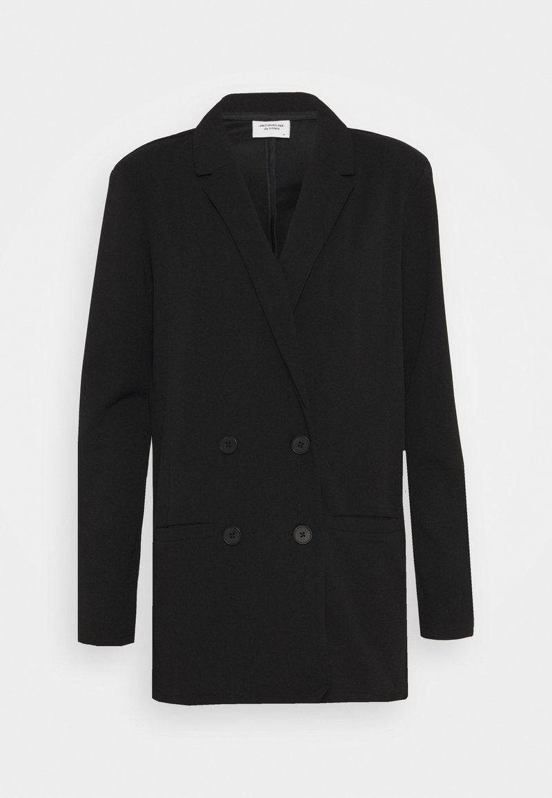 Blazer noir croisé avec revers crantés, quatre boutons et deux poches avant, présenté sur fond blanc.