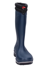Navy rubber rain boot with a textured surface, foldable black cuff, and red drawstring. Features a contrasting gray sole and logo detail.