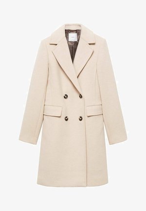 Bež plašč dvojnega zapenjanja z velikimi izrezanimi reverji, stranskimi žepi in črnimi gumbi. Gladka volnena mešanica tkanine z urejeno silhueto.