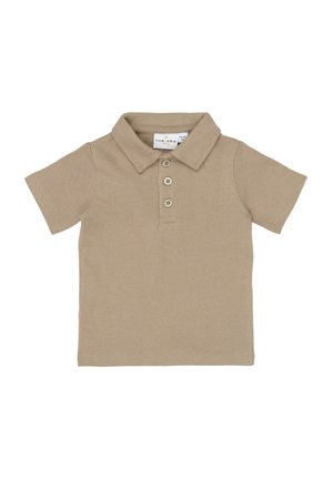Khaki rövid ujjú, pamutból készült galléros póló, klasszikus gallérral, elöl három gombbal és puha, texturált anyaggal.