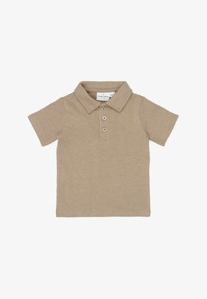 Khaki värvi lühikeste varrukatega polo särk, mis on valmistatud puuvillast, omab klassikalist kraed, kolme nööpi ees ja pehmet, tekstuurset kangast.