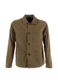 Veste vert olive en coton avec une fermeture à bouton, dotée d'un col, de deux poches avant et d'une poche poitrine.