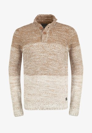 Pleteno pulover z visokim ovratnikom, ki se ponaša zGradientom rjavih in kremnih odtenkov, dvema gumboma na vratu in teksturirano tkanino.