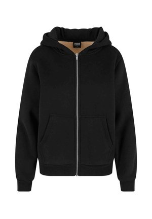 Svart zip-up hoodie i mjukt tyg. Har en huva med dragsko, två framfickor och ribbade muddar och fåll. Fleecefodrad insida.