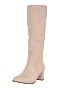 Bota beige hasta la rodilla hecha de suave ante con punta redonda y un tacón grueso. Presenta un diseño aerodinámico con costuras mínimas.