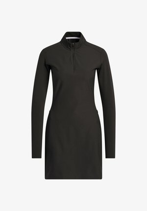 Long-sleeve black dress with a high collar and a quarter-zip front. Made of smooth fabric, featuring side pockets and a fitted silhouette.