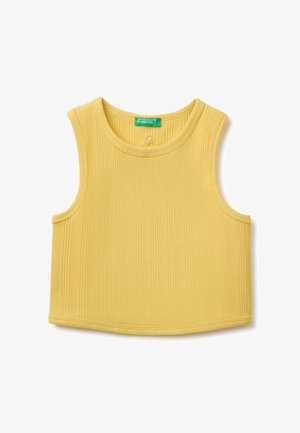 Żółty prążkowany top bez rękawów z okrągłym dekoltem i zieloną metką "United Colors of Benetton" wewnątrz kołnierza.