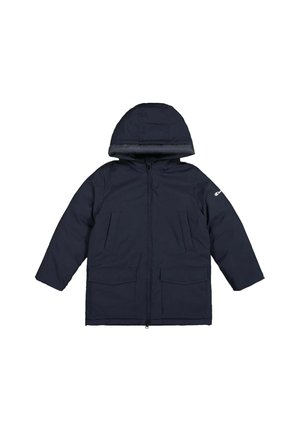 Giacca invernale blu navy con cappuccio, cerniera frontale, due tasche con patta e due tasche laterali, mostrata su sfondo bianco.