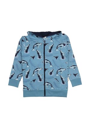 Helleblaue Zip-Hoodie mit Walmuster, mit navyfarbener Innenkapuze, gerippten Bündchen und Saum, aus weichem Stoff gefertigt.