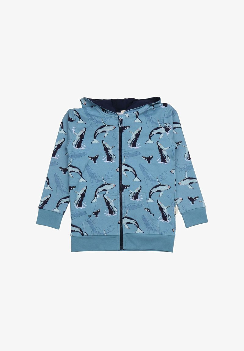 Light blue zip-up hoodie featuring a whale pattern, with a navy interior hood, ribbed cuffs, and hem, made from soft fabric.