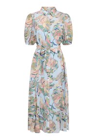 Světle modré midi šaty na knoflíky s pastelově růžovým, zeleným a krémovým květinovým vzorem, nabíranými rukávy, límečkem a páskem v pase.