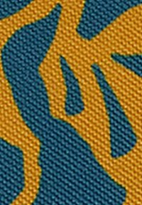 Textured fabric featuring an abstract pattern in teal and golden yellow. The design includes bold shapes with a woven texture.