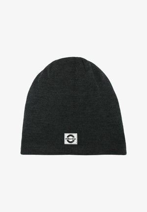 Dark gray beanie hat made of knit material. Features a round logo patch sewn on one side. Soft texture, no visible patterns or accents.