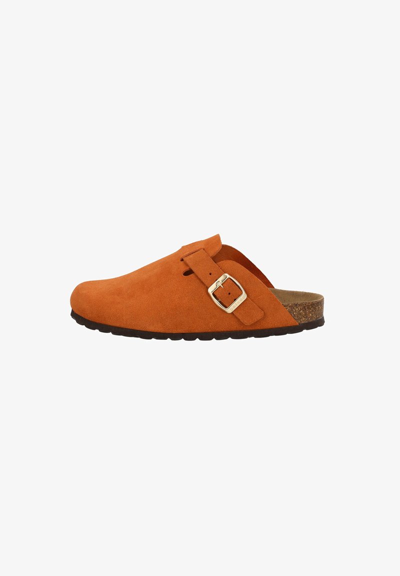 Orange suede clog with a curved toe, side buckle detail, and a cork footbed. Black rubber sole with a textured pattern for grip.