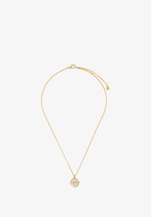 Zlato obarvana verižica z obeskom v obliki kroga, ki ima motiv metulja, teksturirano površino in zapiranje na jajčaste zaponke.