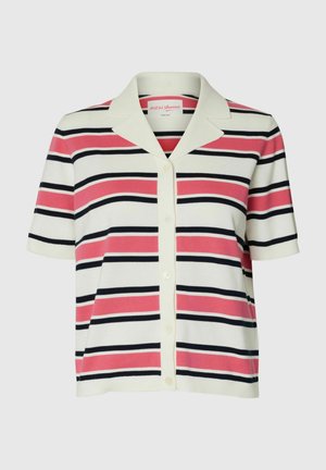 Chemise à manches courtes avec boutons, à rayures horizontales blanches, roses et noires, et col large et pointu.