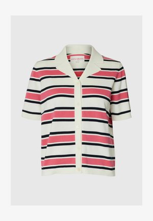 Lühikeste varrukatega nööpidega särk, millel on valged, roosad ja mustad horisontaalsed triibud ning lai, terav krae.