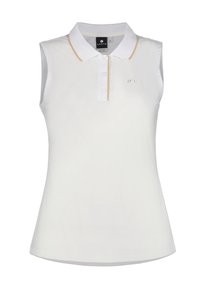 Polo sans manches blanc avec un col standard, trois boutons et des coutures dorées. Tissu doux avec un léger éclat.