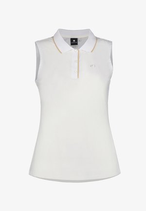 Mouwloos wit poloshirt met een standaard kraag, drie knopen en gouden accentstiksels. Zacht materiaal met een lichte glans.