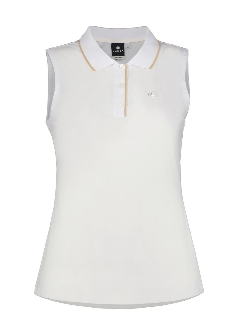 Polo sans manches blanc avec un col standard, trois boutons et des coutures dorées. Tissu doux avec un léger éclat.