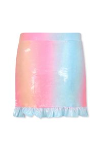 Jupe courte dégradée rose à bleu avec une texture lisse et brillante, dotée d'un ourlet froncé en bleu clair.
