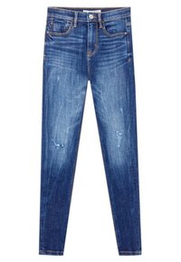 Jeans ajustados de denim en un lavado azul medio, con detalles desgastados y ligeros desvanecimientos, y diseño de cinco bolsillos.