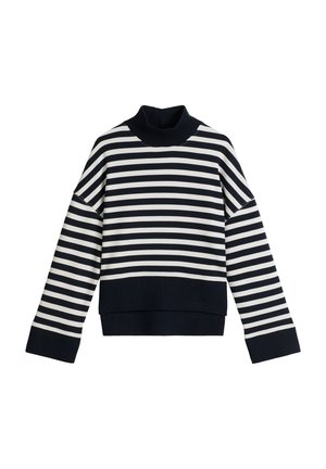 Navy and white striped sweater with a mock neck, wide sleeves, and a cropped hem. Soft fabric with a slightly textured finish.