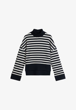 Navy and white striped sweater with a mock neck, wide sleeves, and a cropped hem. Soft fabric with a slightly textured finish.